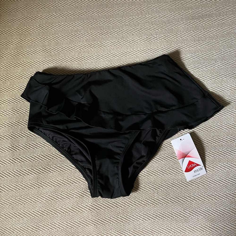 Lands' End Women's Black Bikini Bottom with Asymmetrical Ruffle